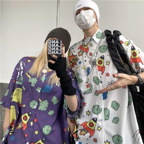 Summer American Mens And Womens Shirts Trendy Street Hip-Hop Anime Cartoon Pattern Hawaii Loose Short-Sleeved Shirts