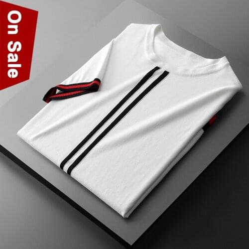 Summer T-Shirts Men Comfortable Striped Knitted Tshirts Male Short Sweater Pullover Fast Dry Red Black White Tee Tops Plus Size