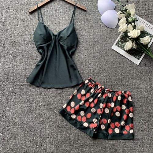 Summer Printing Pajama Sets for Women Satin Tank Top Shorts Sleepwear Girls Sleeveless Silk Sexy Pyjama Lingerie Two Piece Set