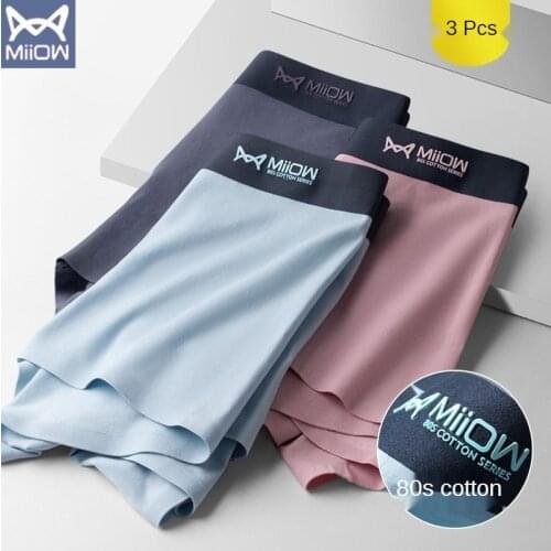 Miiow Mens Underwear Mens 80s Pure Cotton Silkworm Chrysalis Protein Antibacterial Traceless Boxers Breathable Mid-waist Top