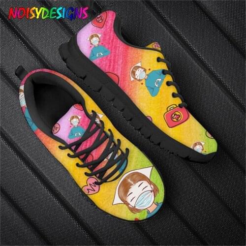 NOISYDESIGNS Spring Women Cartoon Nurses Doctors Printed Flat Shoes Women Comfortable Breath Mesh Sneakers Shoes Rainbow Nurse