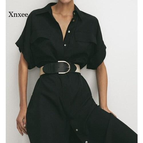 Single-Breasted Midi Shirt Dress Women Turn-Down Collar Belt Short Sleeve Shirtdress Femme Autumn Casual Office Elegant Robe