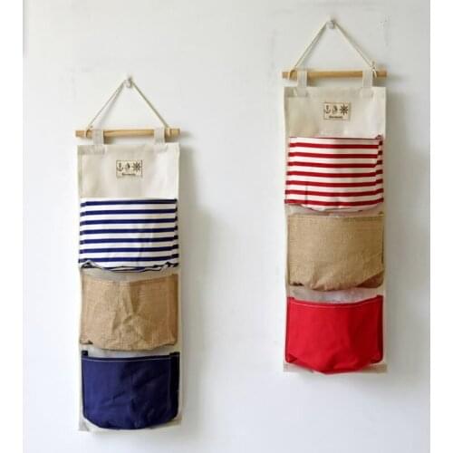 Cotton Linen Three Pocket Splice Environmental Protection Hanging Bag Wall Hanging Bag Home Wall Decoration Door Kitchen Storage