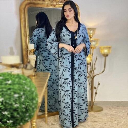 Plus Size Summer Maxi Long Dress for Women V Neck Print Long Sleeve Abaya Dresses Blue Floral Dubai Muslim Arabic Clothes