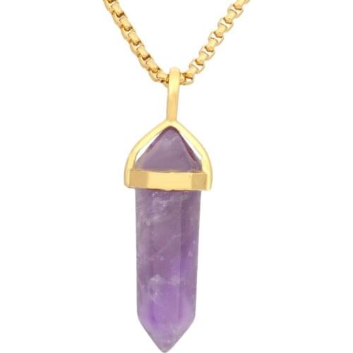 SUNYIK Natural Purple Crystal Six Pyramid Column Bead Healing Chakra For Necklace (Free Chain)