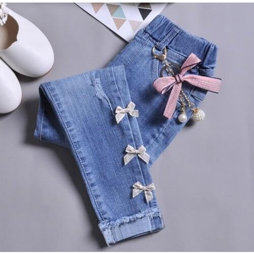 Girls Bow Pearls Slim Jeans Spring & Autumn Childrens Cute Beading Spliced Denim Pants Teenager Kids Casual Trousers 3-13Y P187