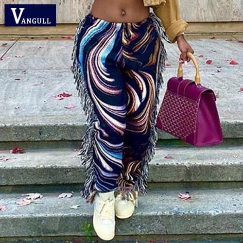 Vangull Tassel Patchwork Striped Print Jogger Pants Women Party Trousers 2021 Autumn Casual High Waist Skinny Active Sweat Pants
