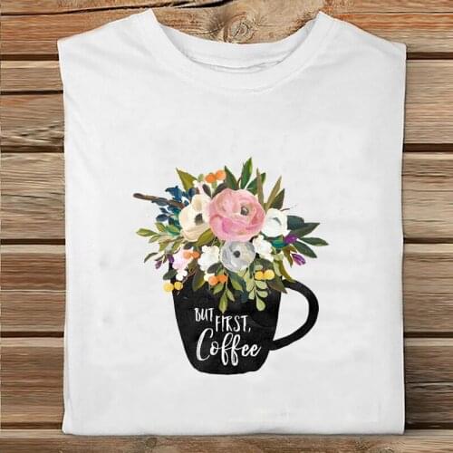 Watercolor Coffee Love Spring Printing Clothes Print Tshirt Female Tee Top Ladies Graphic T-shirt Women Short Sleeve