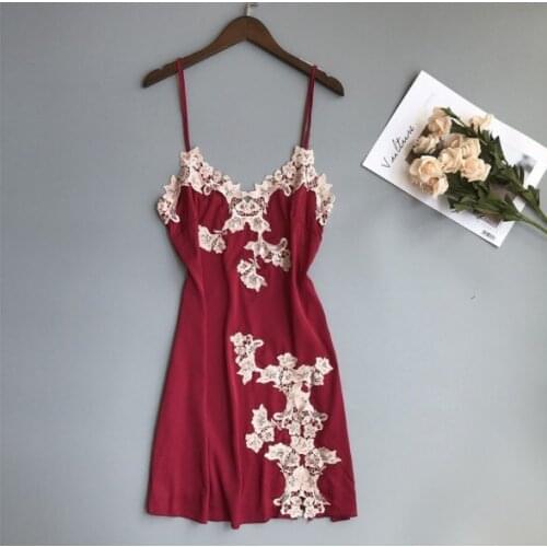 Womens Satin Silk Appliques Solid Sleepwear Spaghetti Strap Nightdress Sleepshirts flower sleepwear