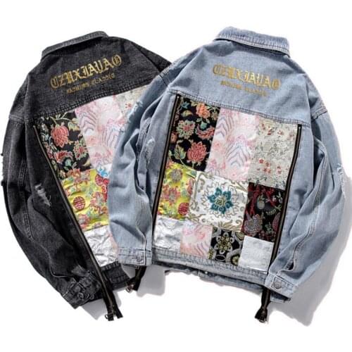 Harajuku Style Splice Ethnic Patch Denim Jacket Women Holes Zippers Fashion Personality Loose Outerwear Jacket High Quality