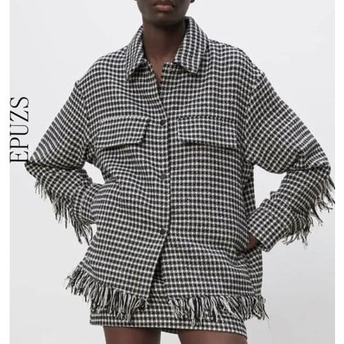 Za Women Shirts Oversize Houndstooth Jacket coats With Pocket Female Vintage Plaid Jacket Spring Tassel Coat Mujer 2021