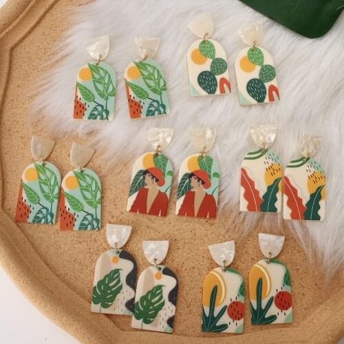 AENSOA 2021 Trendy 3d Colorful Printed Scenery Earrings for Women Fashion Acrylic Dangle Drop Earring Pandent Statement Jewelry