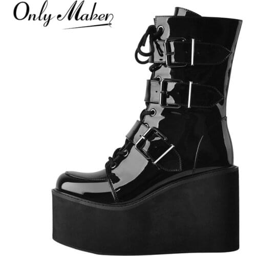 Onlymaker Round Toe Platform Black Color Patent Leather Wedges Heels Side Zip Ankle Boots Big Size US5~US15