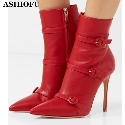 ASHIOFU New 2020 Handmade Ladies High Heels Boots Three-buckle Straps Party Prom Ankle Booties Pointed-toe Sexy Fashion Boots