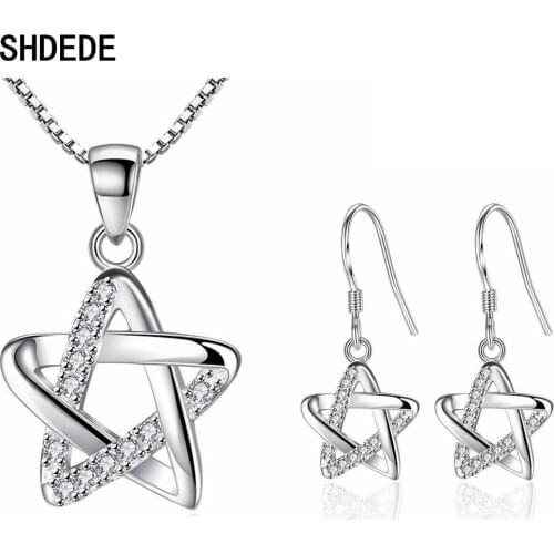 SHDEDE Korean Fashion Jewelry Sets For Women Necklace Earrings Hollowing Out Stars Cubic Zirconia Accessories -WH