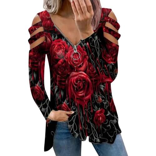 Zipper Womens Tops And Blouses Womens Casual Rose Hollow Out Strapless Loose Long-sleeved Tops Blusas Mujer De Moda 2021