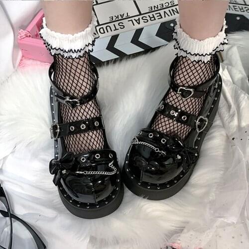 Women Lolita Bowknot Round Toe Metal Chain Gothic Punk Pumps Shoes Creepers Japanese Harajuku Platform Black Pink Patent Leather