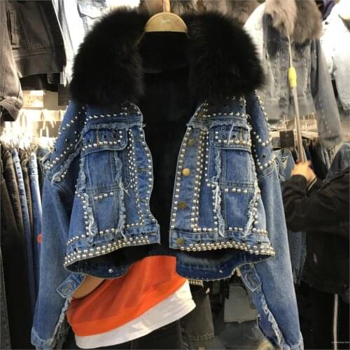 Jaquetas Feminino Time-limited Casaco 2019 Winter New Heavy Work Beaded Diamond Fox Fur Collar Rabbit Hair Liner Thick Female