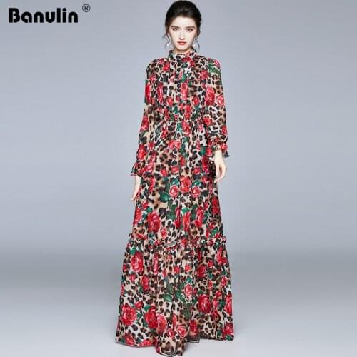 Banulin Fashion Runway Long Sleeve Maxi Dresses Womens Long Sleeve Leopard Rose Floral Print Elastic Waist Long Holiday Dress