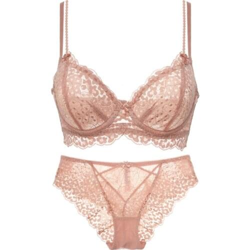 Womens underwear sexy lingerie bra brief set ABCD Cup Red Large Size No Sponge push up Lace Mesh Double Shoulder Strap Pink