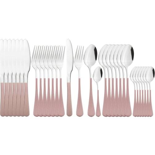 32Pcs Pink Silver Dinnerware Cutlery Set Stainless Steel Tableware Dinner Knife Fork Spoon Flatware Party Kitchen Silverware Set