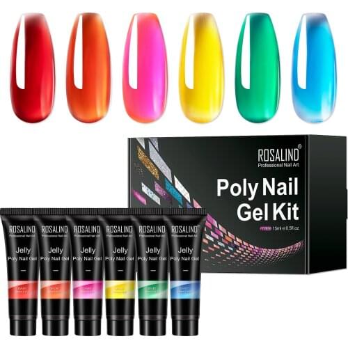 ROSALIND 6pcs/set Color Shiny Poly Nail Polish Gel Acrylic Extension Semi Permanent Crystal Jelly Art Design Extension Glue 15ML