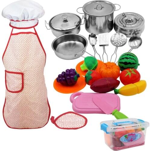 25Pcs Stainless Steel Kids House Kitchen Cooking Cookware Children Pretend Play Kitchen Playset Baking Clothes Apron