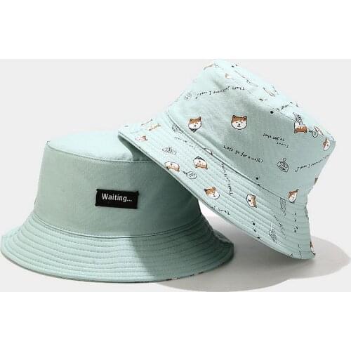 Cotton Double Sided Cartoon Dog Print Bucket Hat Fisherman Hat Outdoor Travel Hat Sun Cap Hats For Men And Women