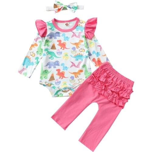 Infant Baby Girls Three-piece Clothes Set, Dinosaur Printed Pattern Romper, Solid Color Pants and Headdress