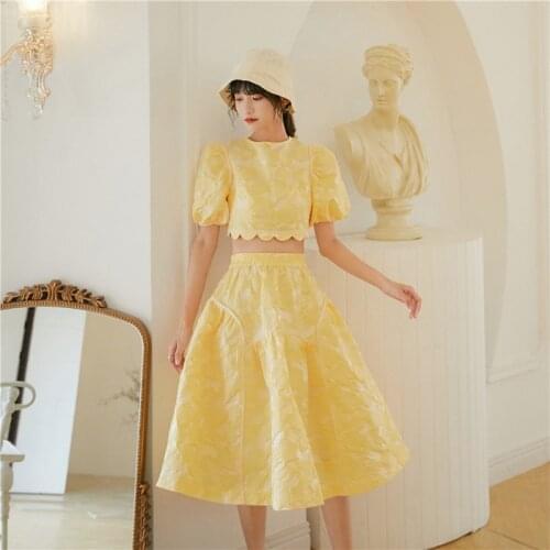 Suit New Summer 2021 Puff Sleeve Short Top + High Waist A-line Skirt Two-Piece Set Fashion Elegant Womens Clothing