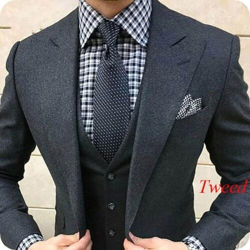 Smoking Jacket Dark grey Tweed Mens Classic Suits for Wedding Wide Peaked Lapel Tailored Terno Masculino Slim Fit Costume Homme