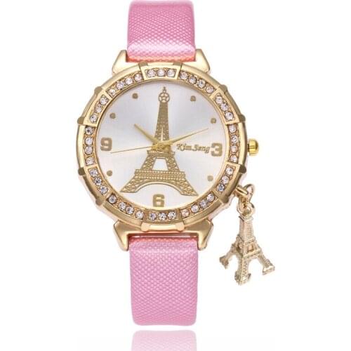 Women Fashionable Dress Paris Eiffel Tower Watches Pink Leather Band Quartz Watches Charm Waches Relogio Feminino Reloje Mujer