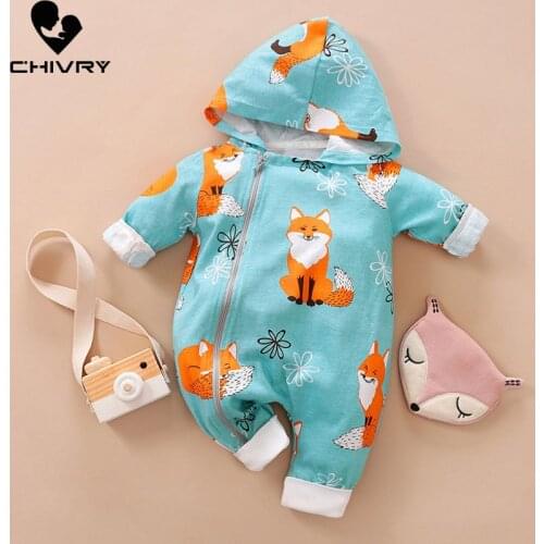 New 2020 Baby Boys Girls Autumn Rompers Long Sleeve Hooded Zipper Cute Fox Print Jumpsuit Newborn Playsuit Infant Clothing