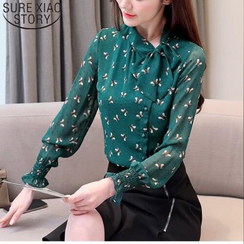 2020 new Long Sleeve Printing Women Shirts Chiffon Bow Stand Collar Cardigan Blouse Women Office Lady Tops Camisas Mujer 8228 50