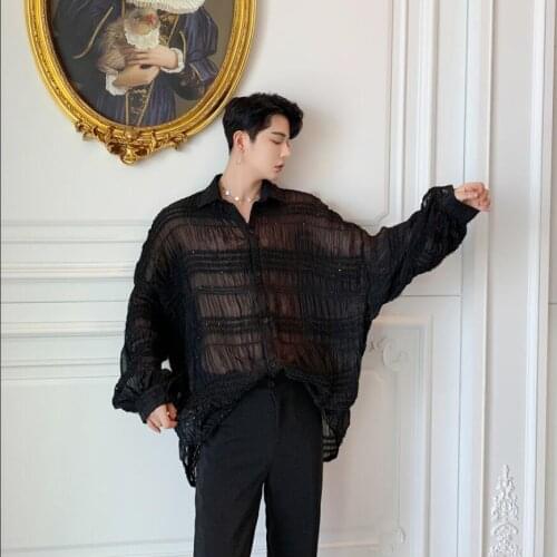 2020 New Summer Nightclub Dj Ds England Alternative Pleated Lace Shirt Tide Brand Mens Long Sleeve Loose Shirt Singer Costumes