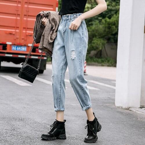 2021 New Simple Solid Ripped Casual Ankle-Length Jeans fashion washed mom Holes Elastic high waist Loose Harem Denim Pants