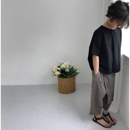 2021 new arrival girls boys tee summer short sleeve casual cotton linen kids t-shirt