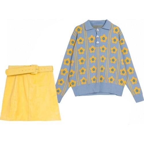 PERHAPS U Women Yellow Corduroy Skirt Sash Turn Down Collar Knitted Pullover Sweater Floral Blue Two Pieces Set T0410