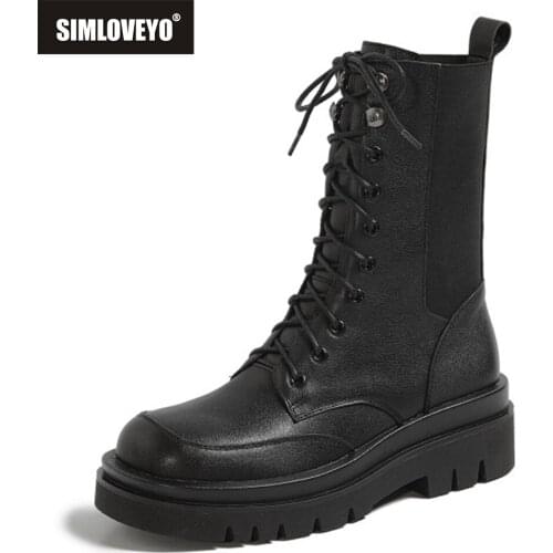 SIMLOVEYO Women Luxury Mid Calf Boots Lace Up Platform Ladies Casual Slip On Real Leather Shoes Woman Female Footwear Non Slip