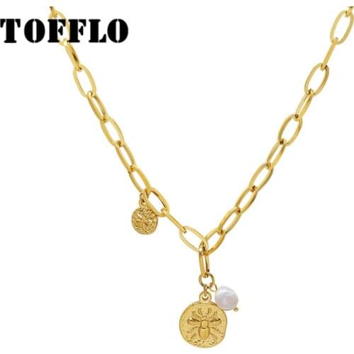 TOFFLO Stainless Steel Jewelry Spider Round Brand Freshwater Pearl Necklace Womens Fashion Link Chain Clavicle Chain BSP996