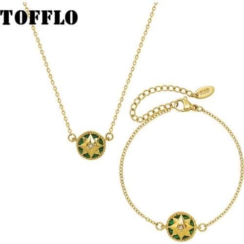 TOFFLO Stainless Steel Jewelry Star Zircon Acrylic Pendant Necklace Can Wear bracelet Set On Both Sides BSP1096
