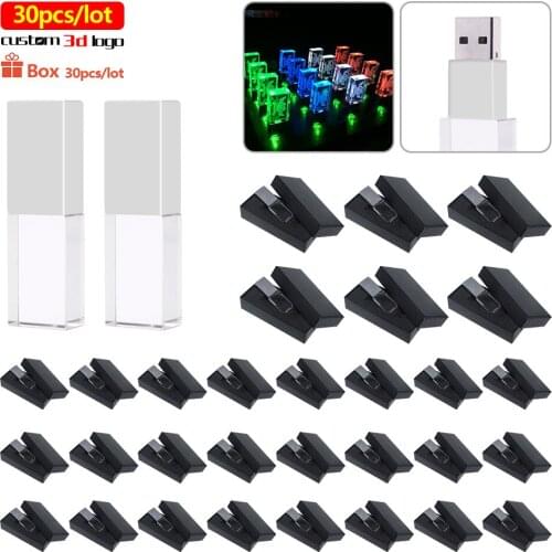 30pcs/lot Crystal LED light USB Flash Drive Stick 128GB 64GB 32GB 16GB Pen drive Pen Drive Memory gift USB Free Custom 3d logo