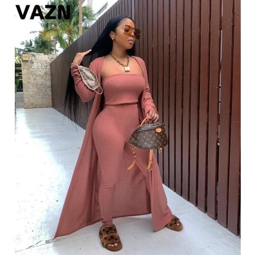 VAZN 2020 New High-end Sweet Holiday Young Solid Full Sleeve X-Long Cloth Group Long Pants 1 Piece Strapless Women 3 Piece Set