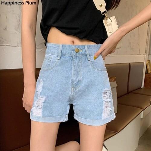 New Spring Summer Women Blue Hole Denim Shorts Streetwear Female Wide Leg High Waist Jeans Shorts