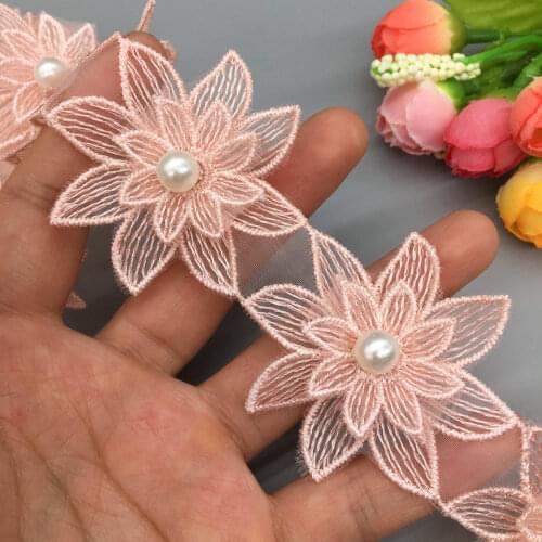 2 Yards Pink 3D Flower Pearl Beaded Lace Trim Applique Embroidered Lace Ribbon Sewing Craft For Wedding Dress Clothes Decoration