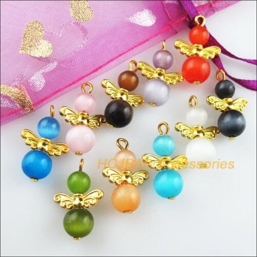 20 New Angel Charms Gold Color Wings Mixed Stone Beads Pendants 16x26mm