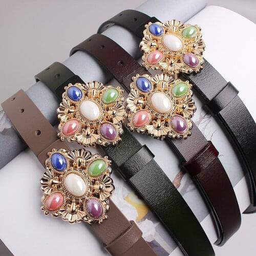 2021 Design Rhinestone Gem Buckle Genuine Cow Leather Women Belt Vintage Ladies Dress Shirt Coat Waist Belt Corset Strech Strap