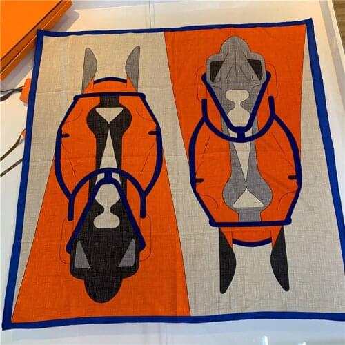 90cm Handmade Curled Brand Scarf Women Bandana Abstract Horse Twill Silk Square Scarf Foulard Hijab Head Scarves Shawl For Lady