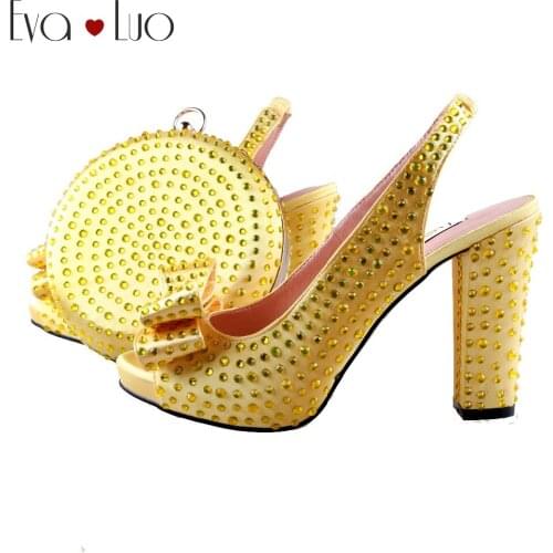 BS1006 Custom Made Yellow Crystal Bow African Women Shoes With Matching Bag Slingbacks Women Bridal Wedding Shoes