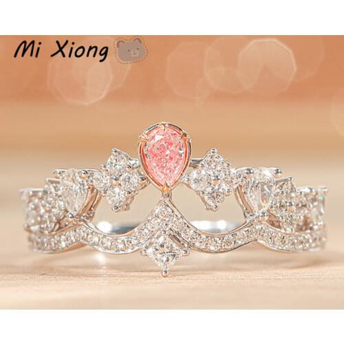 Mixiong s925 sterling silver pink crystal hollow crown ring elegant light luxury fairy charm party brand engagement jewelry